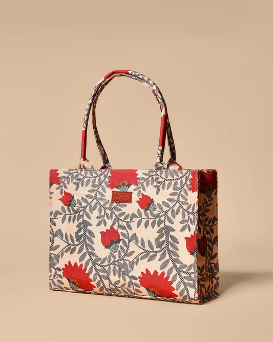 Nawabi Couture Red Beige Tote Bag - Side View - Armario