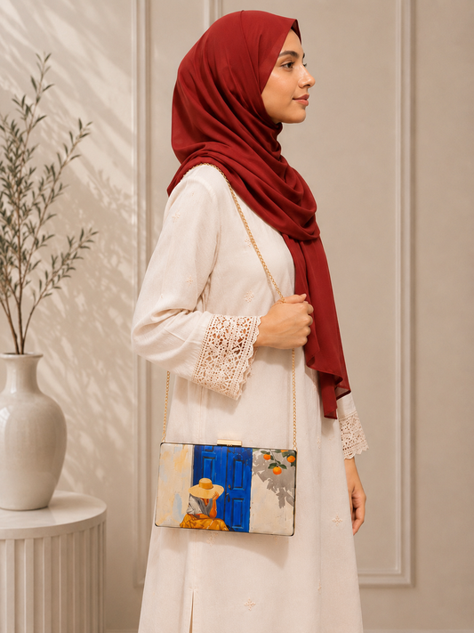 Armario Printed Clutch Blue Door Orchard by Armario Pakistan