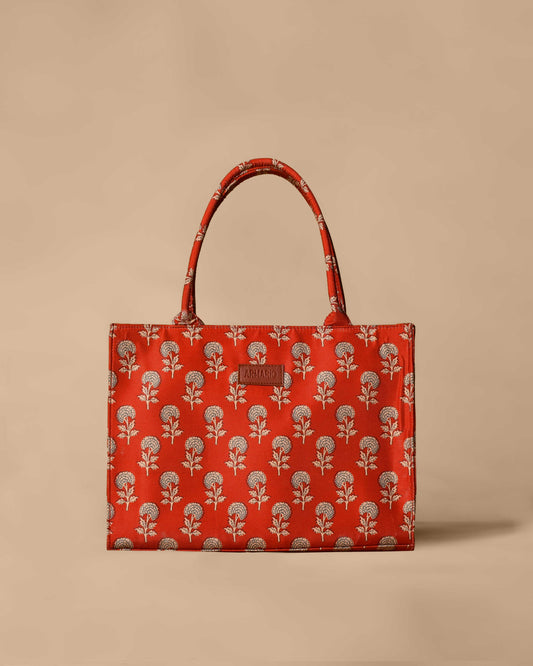 Red and Off-white Floral Print Tote Bag
