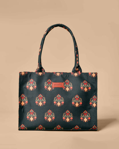 Royal Forest Green Mogra Print Tote Bag by Armario Pakistan