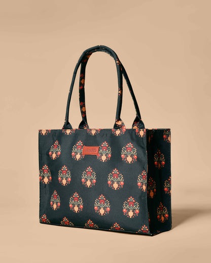 Forest Green Mogra Print Tote Bag - Side View - Armario