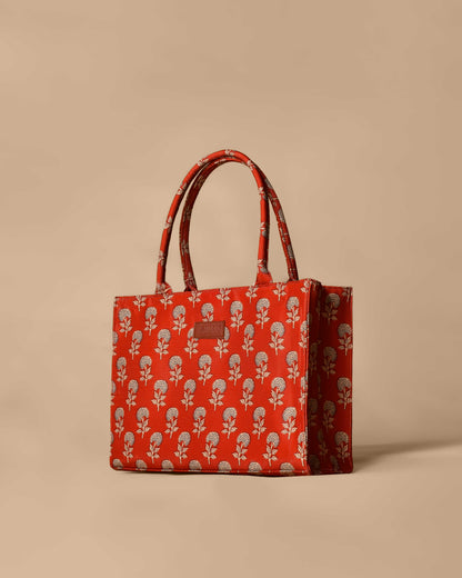 Red and Off-white Floral Print Tote Bag