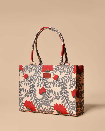 Nawabi Couture Red and Beige Print Tote Bag