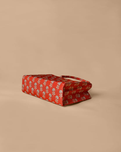 Red and Off-white Floral Print Tote Bag