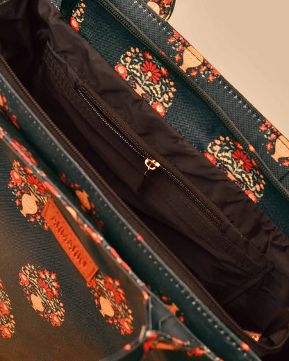 Forest Green Mogra Print Tote Bag - Detail View - Armario Pakistan