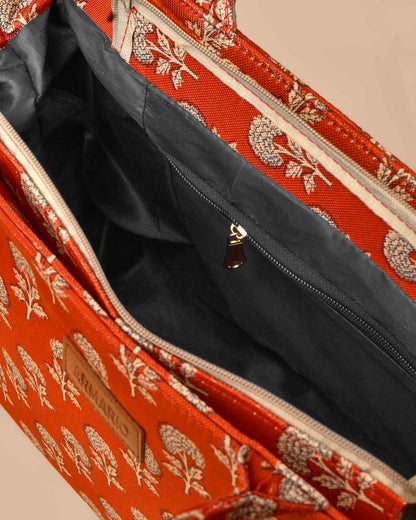 Red and Off-white Floral Print Tote Bag